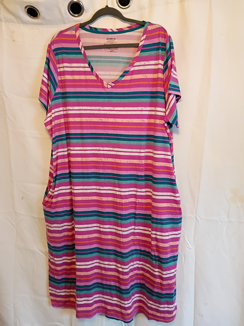 Joyspun Size 3x 22w-24w With Pink And Teal Stripes V-Neck Midi Dress/Nighty - Picture 1 of 9